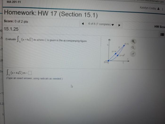 Evaluate where c is given in the accompanying figure.